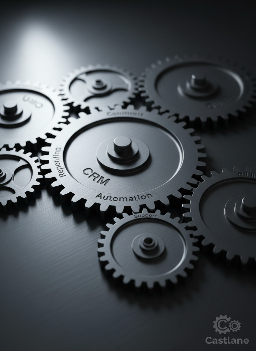A close-up of a precisely engineered network of interlocking matte-silver metal gears, each gear engraved with tiny labels such as “CRM”, “Automation”, “Reporting”, “Billing”, and “Support”, all turning smoothly in perfect synchronization. The gears are mounted on a dark brushed-steel plate with subtle horizontal grain. A narrow beam of cool, focused studio lighting from the top left creates crisp highlights on the gear teeth and soft, radial shadows that emphasize depth and motion. Photographic realism with a shallow depth of field keeps the foreground gears razor sharp while the background softly blurs. The atmosphere is confident and professional, visually symbolizing Castlane’s role in integrating business systems into one cohesive, reliable operational engine.