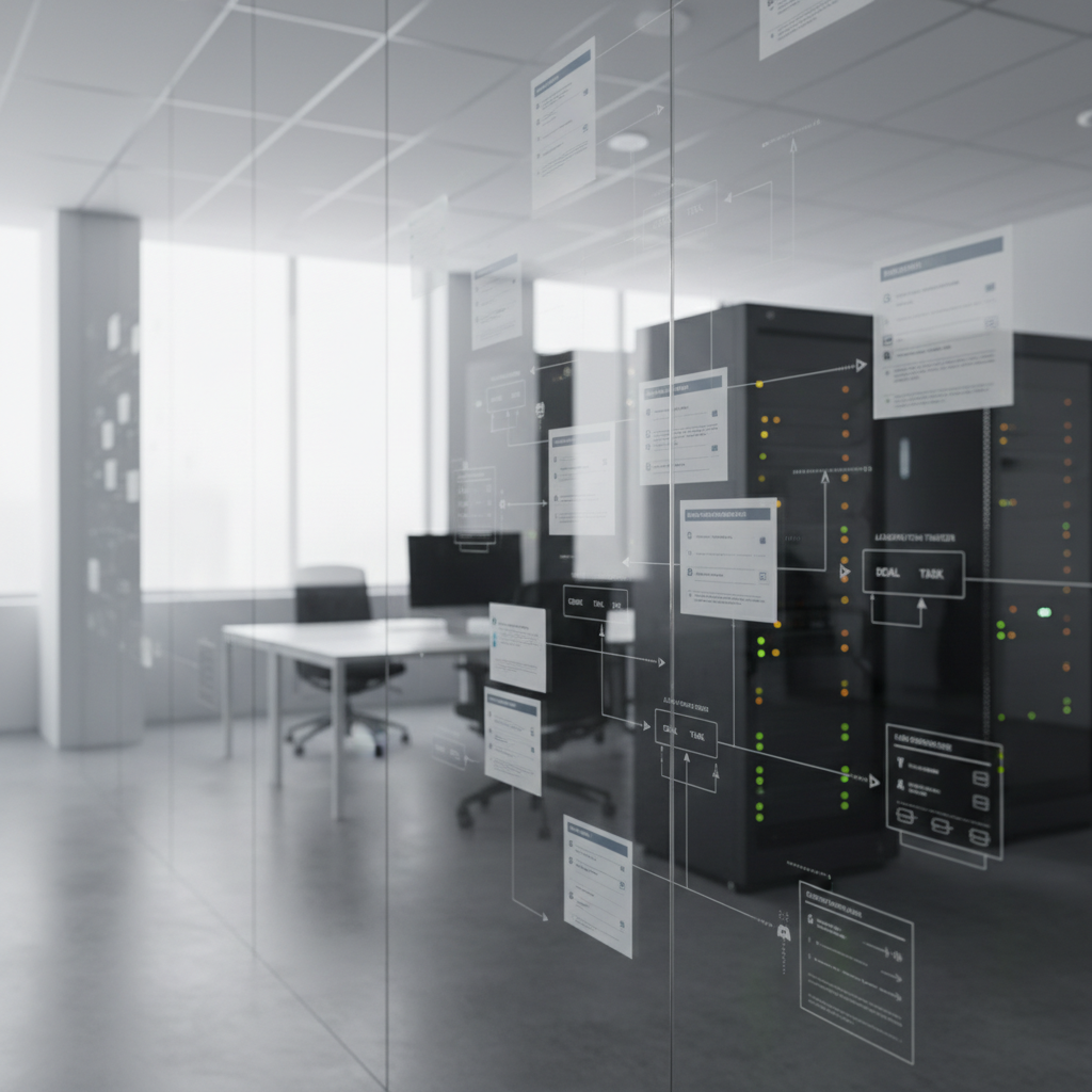 A meticulous floor-to-ceiling glass wall covered with neatly arranged translucent sticky notes and printed system diagrams, each showing CRM entities, automation triggers, and reporting flows connected by fine, precise lines. The glass has a faint reflection of a minimalist, high-tech workspace behind it: matte-black server racks, cable-managed routers, and silent network hardware with tiny indicator LEDs glowing amber and green. Diffused overcast light spills through frosted windows, creating a balanced, low-contrast scene with no harsh shadows. Photographic realism, captured from a slightly angled side view so the layered reflections and depth are visible. The mood is analytical and methodical, emphasizing clarity, structure, and scalable systems design for small businesses.