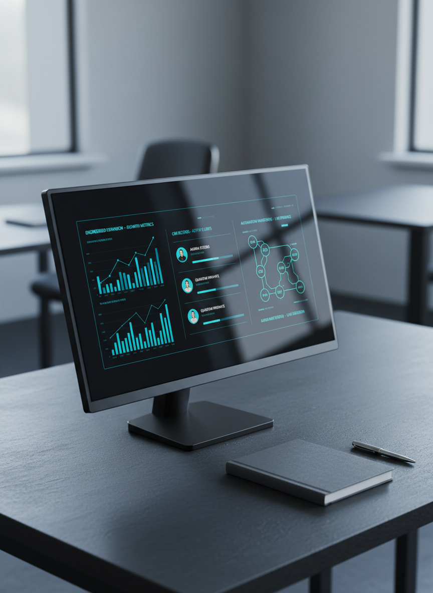 A sleek, ultra-modern operations command dashboard displayed on a frameless, high-resolution monitor with a thin black bezel, showing crystal-clear charts, CRM records, and automation workflows in vibrant blues and teals against a dark slate background. The monitor stands on a matte charcoal desk with subtle texture, beside a closed graphite-grey notebook and a minimalist metal pen. Soft, cool daylight from an unseen window washes across the surface, creating gentle reflections on the screen and faint shadows behind the objects. Photographic realism with a clean, professional aesthetic, shot at eye level with a slight three-quarter angle. The background falls into a soft bokeh of neutral office tones, reinforcing a calm, controlled, data-driven atmosphere of engineered expansion.